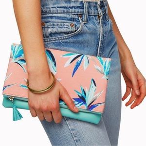 RACHEL PALLY · LEATHER + CANVAS TROPICAL PARADISE FOLD OVER REVERSIBLE CLUTCH